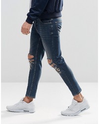 Asos Brand Skinny Cropped Jeans With Extreme Knee Rips In Blue Wash