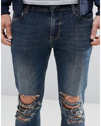 Asos Brand Skinny Cropped Jeans With Extreme Knee Rips In Blue Wash