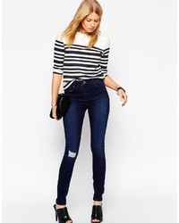 Asos Collection Ridley High Waist Ultra Skinny Jeans In Principal Dark Wash With Shredded Knee