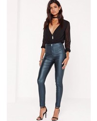 Missguided High Waisted Coated Skinny Jeans Blue