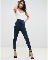 ASOS DESIGN High Waisted Pull On Denim Jeggings With Diamonte Detail
