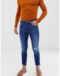 Bershka Join Life Skinny Jeans In Mid Blue With Knee Rip And Abrasions