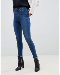 ASOS DESIGN Ridley High Waist Skinny Jeans In Dark Blue With Red Contrast Stitching