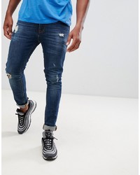 ASOS DESIGN Super Skinny Jeans In Dark Wash Blue With Abrasions