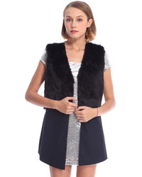 Romwe Sleeveless Black Dual Tone Faux Fur Coat