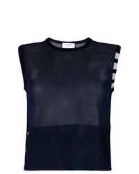 Thom Browne Sheer Classic Crew Neck Shell Top With 4 Bar Stripe In Silk Tulle Knit