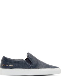 Common Projects Navy Perforated Leather Slip On Sneakers