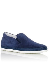 Tod's Raffia Trimmed Suede Slip On Sneakers Navy Size 75 M