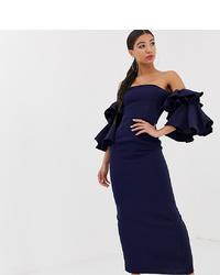 Yaura Bardot Exaggerated Frill Sleeve Maxi Dress In Navy