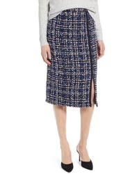 Navy Slit Tweed Pencil Skirt