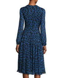 Derek Lam Long Sleeve Python Print Silk Dress Blue Allium