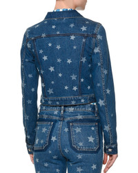 Valentino Laser Star Print Cropped Jean Jacket Light Blue Denim