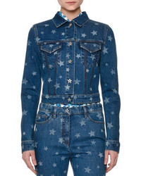 Valentino Laser Star Print Cropped Jean Jacket Light Blue Denim