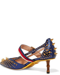 Gucci Bamboo Trimmed Studded Metallic Leather Pumps Navy