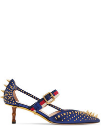 Gucci Bamboo Trimmed Studded Metallic Leather Pumps Navy