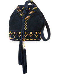 Saint Laurent Small Y Studded Suede Tassel Bucket Bag Navy