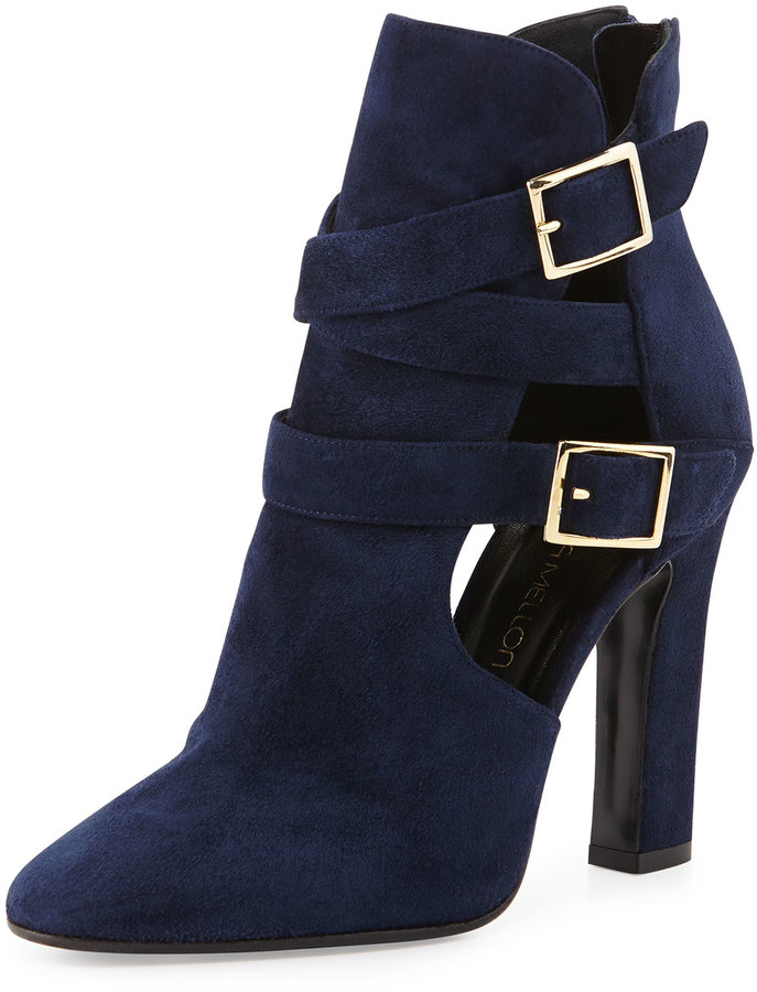 Tamara Mellon Suede Cutout Double Buckle Ankle Boot Navy | Where to