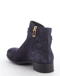 Tod's Blue Suede Gold Buckle Side Zip Ankle Boots