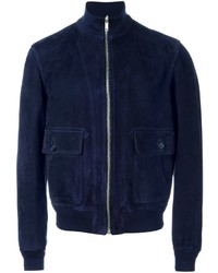 Jamie Dornan wearing Navy Suede Bomber Jacket, Black Crew-neck Sweater ...