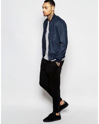 Asos Brand Faux Suede Bomber Jacket In Navy