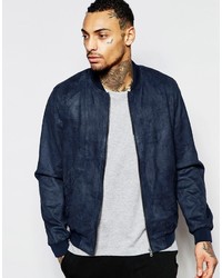 Asos Brand Faux Suede Bomber Jacket In Navy