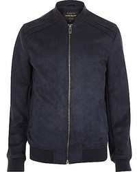 River Island Navy Faux Suede Bomber Jacket