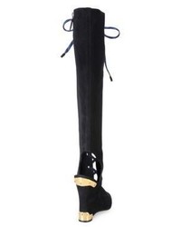 Prada Tall Cutout Suede Lace Up Wedge Boots