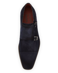 Magnanni For Neiman Marcus Suede Double Monk Loafer Navy