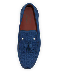 Neiman Marcus Woven Perforated Suede Tassel Driver Navy
