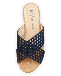 Neiman Marcus Delanna Perforated Slide Flat Sandal Blue