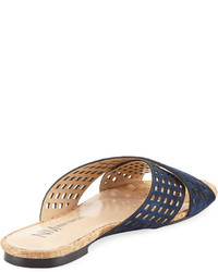 Neiman Marcus Delanna Perforated Slide Flat Sandal Blue