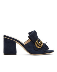 Gucci Navy Suede Gg Marmont Slide Heeled Sandals