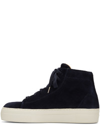 Helmut Lang Navy Suede Stitched High Top Sneakers