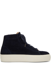 Helmut Lang Navy Suede Stitched High Top Sneakers