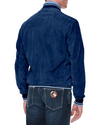 Stefano Ricci Perforated Suede Zip Up Jacket Blue