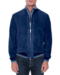 Stefano Ricci Perforated Suede Zip Up Jacket Blue