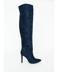 Missguided Kate Faux Suede Knee High Heeled Boots Navy
