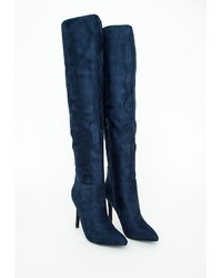 Missguided Kate Faux Suede Knee High Heeled Boots Navy