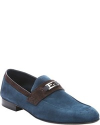 Fendi Blue And Brown Suede Logo Detail Loafers