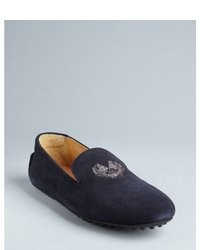Car Shoe Navy Suede Logo Embroidered Slip On Loafers