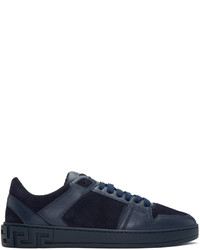 Versace Navy Leather And Suede Sneakers