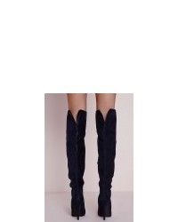 Missguided Knee High Stiletto Heeled Boots Navy