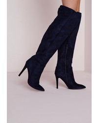 Missguided Knee High Stiletto Heeled Boots Navy