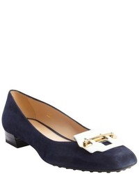 Tod's Navy And White Suede Metal Strap Detail Block Heel Pumps