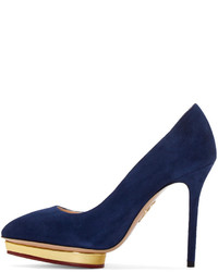 Charlotte Olympia Navy Gold Suede Debbie Pumps