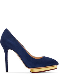 Charlotte Olympia Navy Gold Suede Debbie Pumps