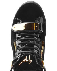 Giuseppe Zanotti Suede And Patent Leather Sneakers With Gilded Plaque