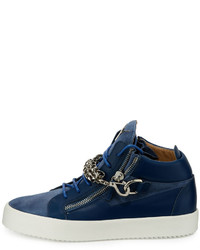 Giuseppe Zanotti Suede Leather Mid Top Sneaker Wchain Link Strap Blue