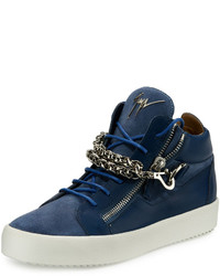 Giuseppe Zanotti Suede Leather Mid Top Sneaker Wchain Link Strap Blue