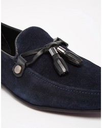 Asos Brand Loafers In Navy Suede With Tie Front Tassel